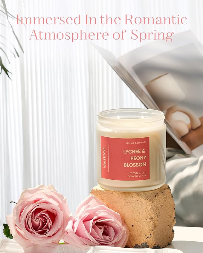M&SENSE Lychee Peony Peach Scented Candle - 11.6oz 70 Hours Burn Non Toxic Natural Soy Wax Slow Burning Candle, 2-Wick Fruity Scent Gifts for Mom & Stress Relief Relaxing