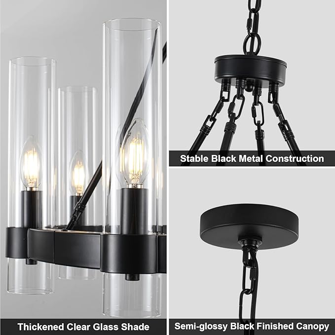 Black Wagon Wheel Chandeliers with Glass Shade, 8-Lights Farmhouse Chandeliers for High Ceiling, 28 Inch Round Black Pendant Light Fixtures for Dining Room, Living Room, Bedroom, Foyer