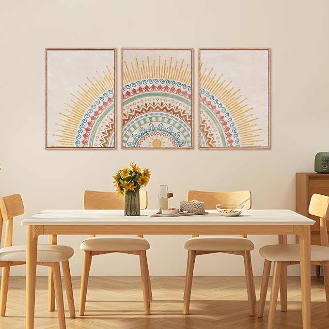 HPINUB Boho Sun Framed Canvas Wall Art Set, Mid-Century Modern Wall Decor, Minimalism Bohemian Wall Painting, Abstract Geometric Pattern Art Print for Living Room, Bedroom, Office - 16"x24"x3