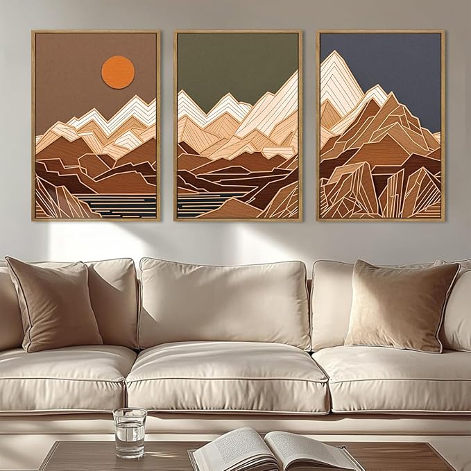 IARTTOP Large Mountain Framed Canvas Wall Art 16x24 Inch Set of 3 Abstract Mountain Woodcut Wall Decor for Living Room Bedroom Office