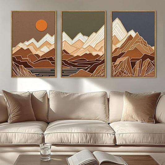 IARTTOP Large Mountain Framed Canvas Wall Art 16x24 Inch Set of 3 Abstract Mountain Woodcut Wall Decor for Living Room Bedroom Office