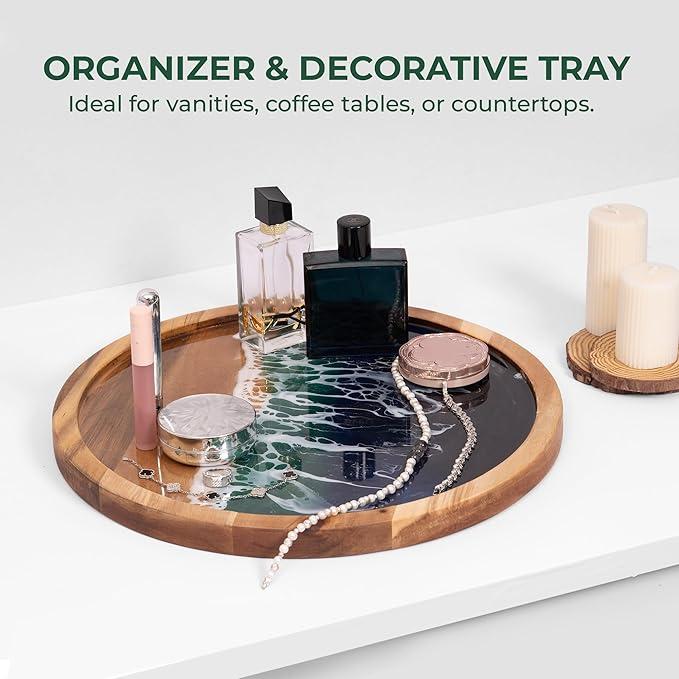 Acacia Wood Round Serving Tray with Epoxy Resin Art, 15.8”x15.8”, Includes Stand & Loofah, Handcrafted Ocean Wave Design, Perfect for Charcuterie, Serving Platters & Appetizers