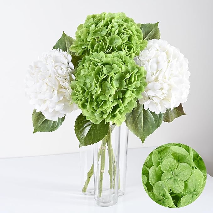 Artflower 4Pcs Real Touch Hydrangea Artificial Flowers, 22.5'' White & Green Faux Full Latex Hydrangea Flowers for Home Decor Floral Arrangements Wedding Bouquets Table Centerpiece Decorations