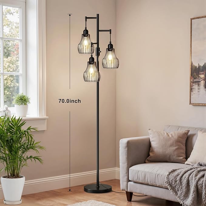 Dimmable Floor Lamp, 3 x 800LM LED Edison Bulbs Included, Farmhouse Industrial Floor Lamp Standing Tree Lamp with Elegant Cage Tall Lamps for Living Room Bedroom Office - Black