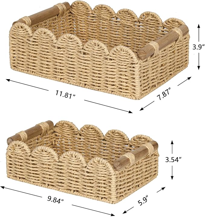 CubesLand Scalloped Edge Decor Baskets for Home, Living Room, Toilet Paper Storage Basket for Over Toilet Shelf, End Table,Shelves and More, Small Paper Rope Baskets Both Storage&Decor, Set 2 Beige