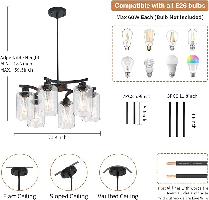 6-Light Modern Farmhouse Black Chandeliers for Dining Room,20.8" Kitchen Island Black Chandelier Over Table,Adjustable Height Hanging Pendant Lights,Clear Glass Shade Ceiling Light Fixture