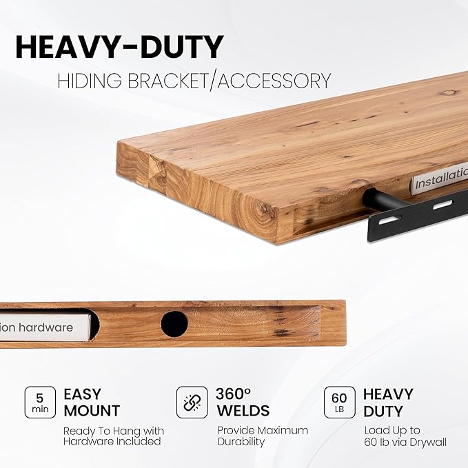 Fun Memories 24-Inch Floating Shelves – Set of 2, Rustic Elm Wood Wall Shelves with Invisible Brackets, Heavy-Duty Deep Storage for Home Décor, Kitchen, or Living Room – Natural Finish