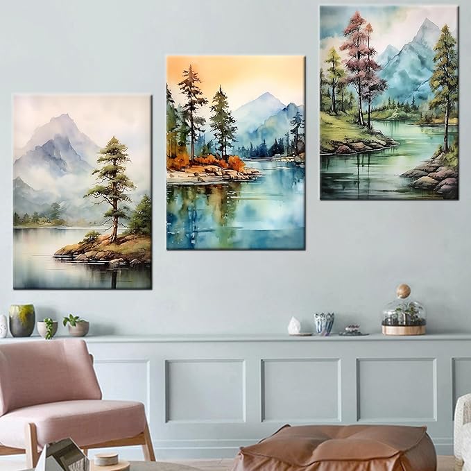 Lake 3 Pieces Poster Wall Art Landscape Watercolor Mountain Forest Print on Canvas Abstract Theme Picture Painting Wall Decor Artwork for Living Room Hotel Workplace Ready to Hang [60''Wx28''H]