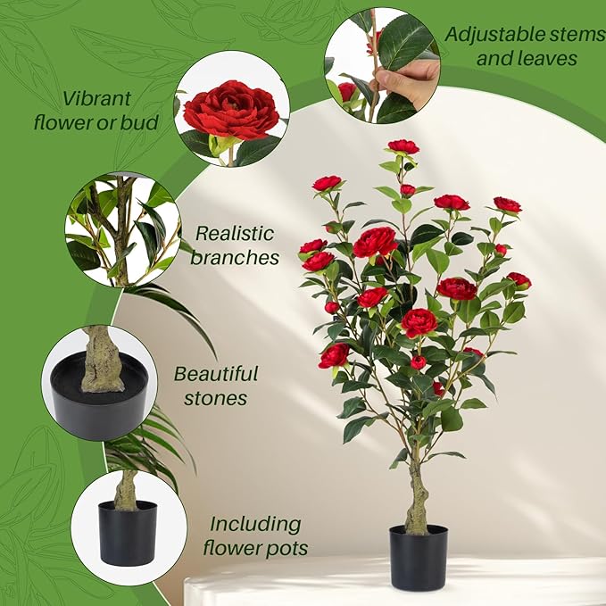 Artificial Camellia Tree 2 Pack, 3FT Faux Camellia Plant in Pot, 36 inch Fake Potted Camellia Flower Tree Plastic Camellia Tree for Modern Home Office Living Room Floor Decor Indoor, Red