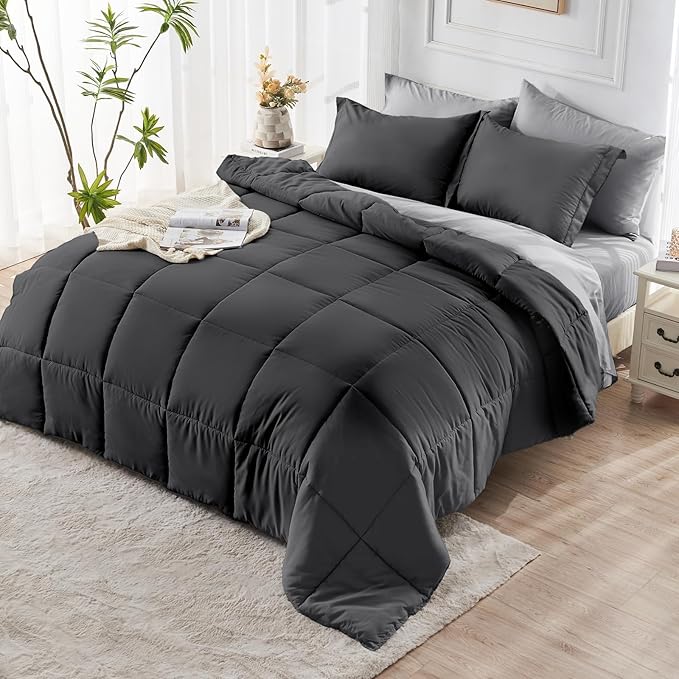 JOLLYVOGUE Queen Comforter Set, Ultra-Soft Bed in a Bag Queen Size 7 Pieces, Oeko-TEX Certified Bedding Set with Down Alternative Comforter, Sheets, Pillowcases & Shams, Dark & Light Grey
