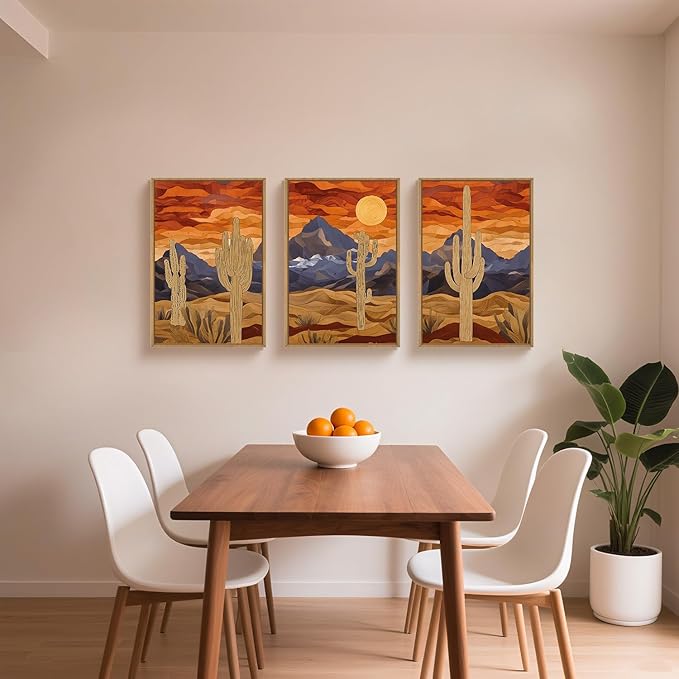 HPNIUB Mountains Desert Framed Canvas Wall Art Set, Abstract Sun Art Prints, Modern Cactus Paintings Artwork, Mid Century Southwestern Landscape Wall Decor for Living Room, Bedroom, Office-16 x24 x3