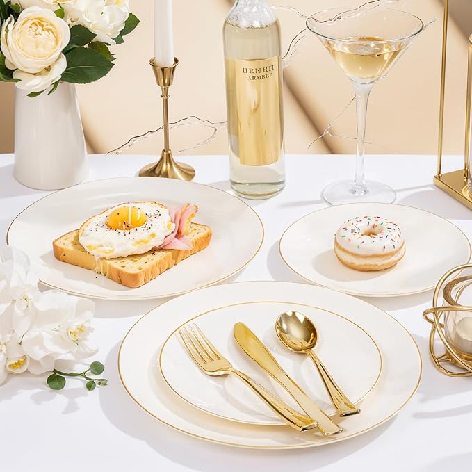 Nervure 100Pcs Ivory and Gold Plastic Plates - 7.5inch Disposable Ivory Dessert/Salad Plates - Heavy Duty Plastic Plate Ideal for Wedding & Party & Thanksgiving