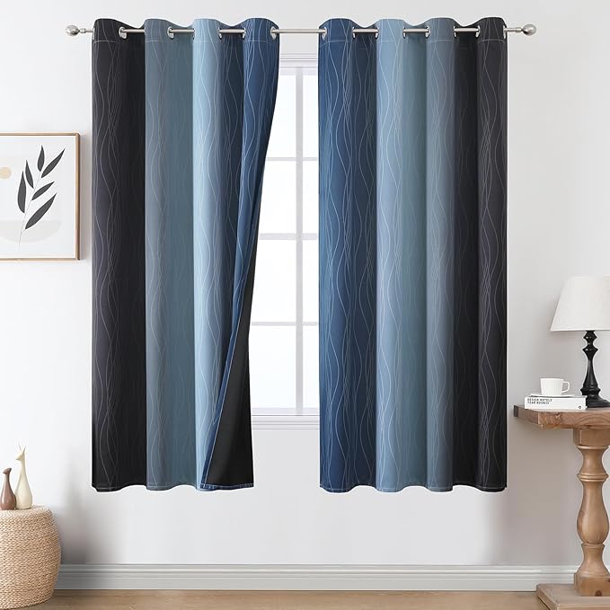 Estelar Textiler Navy Blue and Black Ombre Blackout Curtains 63 Inch Length 2 Panels Set, Full Room Darkening Grommet Curtains for Bedroom, Thermal Insulated Light Blocking Gradient Drapes,52Wx63L