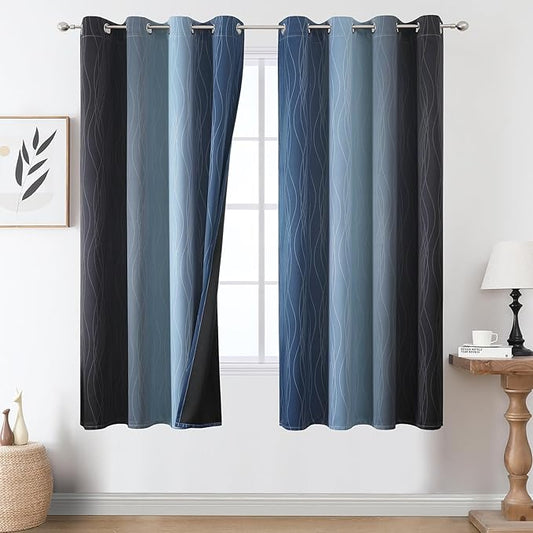 Estelar Textiler Navy Blue and Black Ombre Blackout Curtains 63 Inch Length 2 Panels Set, Full Room Darkening Grommet Curtains for Bedroom, Thermal Insulated Light Blocking Gradient Drapes,52Wx63L