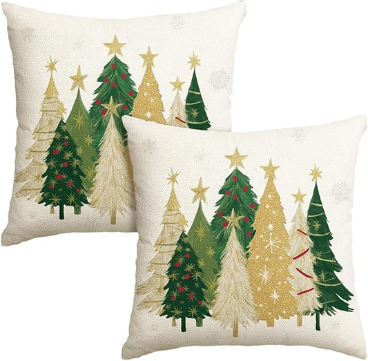 AVOIN colorlife Christmas Trees Star White Throw Pillow Covers Set of 2, 18 x 18 Inch Snowflake Seasonal Winter Holiday Cushion Case Decoration for Sofa Couch