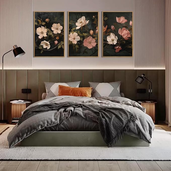 IARTTOP Large Black Floral Framed Canvas Wall Art 16x24 Inch Dark Moody Floral Art Prints Set of 3 Modern Botanical Wildfower Wall Decor for Living Room Bedroom Office