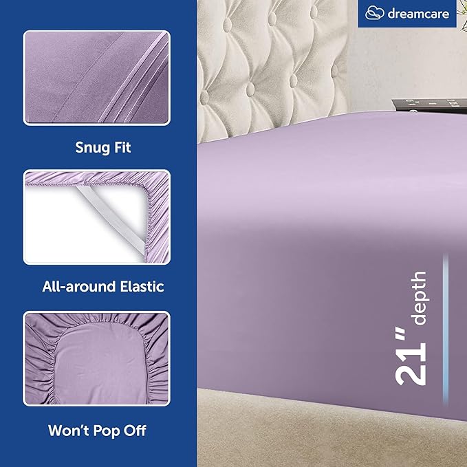 DREAMCARE King Size Sheets Set – 6 pcs Cooling Bed Sheets – up to 21” Deep Pocket King Sheet Set – 2500 Supreme Collection – Extra Soft 100% Brushed Microfiber Hotel Luxury with Side Pocket – Lavender