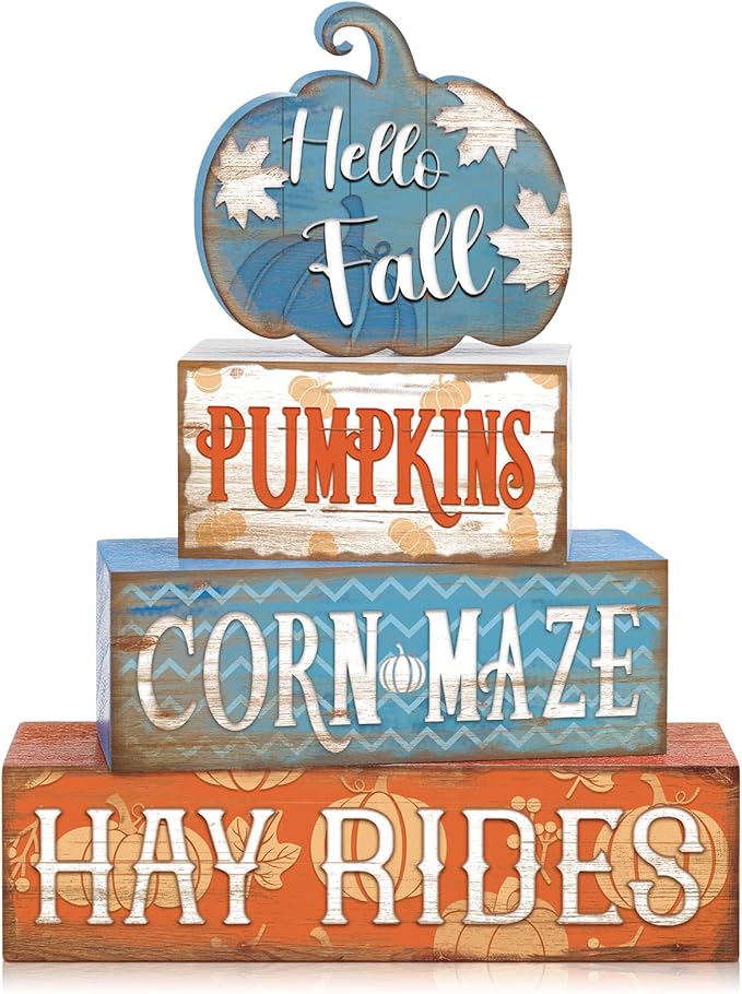 4 Pcs Fall Decor for Home Blue Pumpkin Wooden Signs with Blessed Autumn Tiered Tray Decor Hello Fall Tabletop Centerpiece Maple Leaf Block Signs for Thanksgiving Office Kitchen Shelf