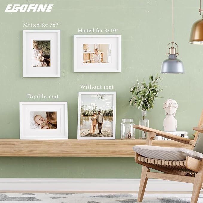 Egofine 11x14 Picture Frames Set of 4, Made of Solid Wood Covered by Plexiglass 5x7 and 8x10 with Mat or 11x14 without Mat, for Table Top Display and Wall Mounting Photo Frame White
