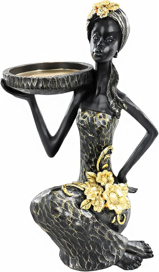 African Lady Figurine Candle Holder with African Tribal Totem for Wedding,Church,Holiday Decor-African Decorative Women Statues, Candlestick Holder for Home and Table Decor(405-Black)