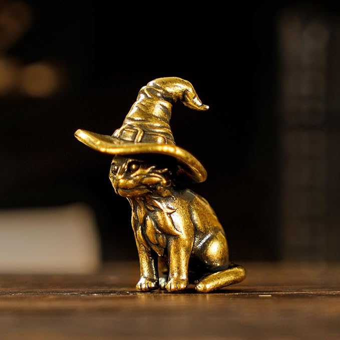 CHOVY Retro Handcrafted Witch Cat Ornament - 100% Solid Brass Desk Decor | Enchanting Feline Sculpture with Wizard Hat Unique Gift for Cat Lovers & Magic Enthusiasts