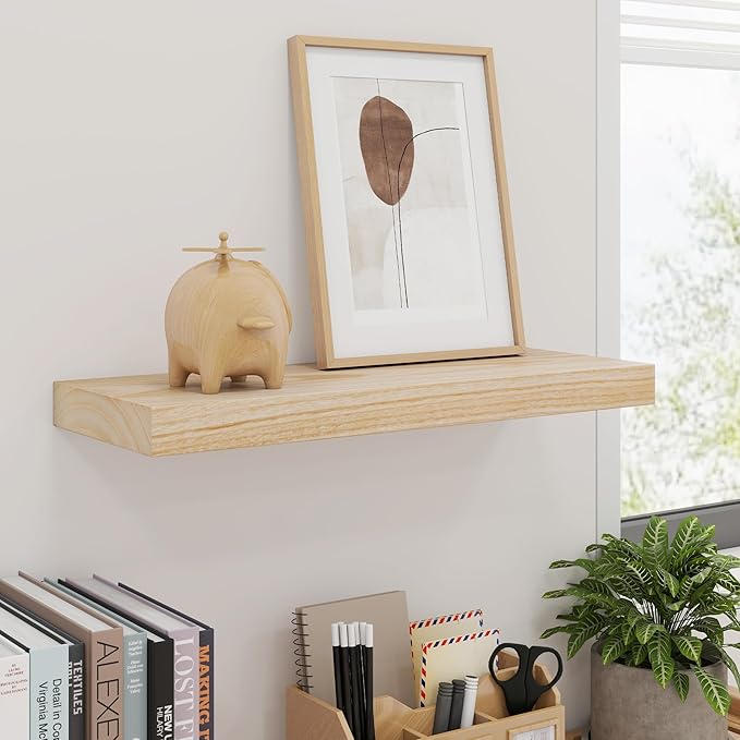 fuqing Natural Wood Floating Shelves - Wood Floating Shelves for Wall Set of 3-17 Inch Wide x 6.7 Inch Deep Natural Wooden Shelves for Living Room Bedroom Home Office