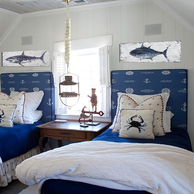 NdcSkyArt Vintage Style Swordfish Wall Art, Nautical Decor for Home & Office, Blue and White Coastal Painting