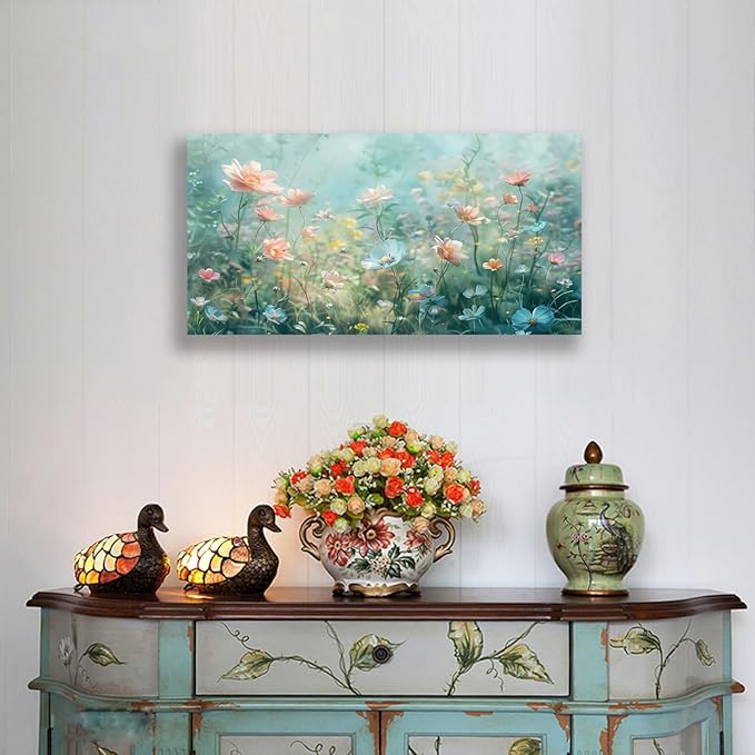 Tucai Decor Floral Canvas Wall Art Colorful Wildflowers Field Painting 30W x 58L inches Pink Blue and Yellow -Flowered Plants Art Prints Wall Decor for Living Room Bedroom Office Ready to Hang