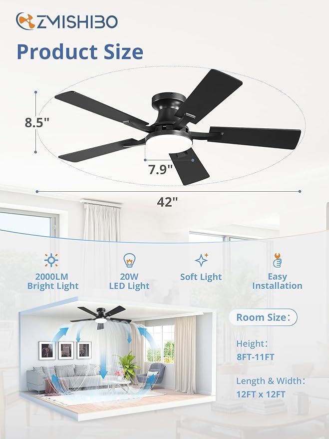 ZMISHIBO 42 Inch Ceiling Fan with Light, App&Remote Control, Flush Mount Low Profile, Dimmable 20W LED Light, Quiet Reversible Motor for Bedroom, Living Room, Apartment, Black