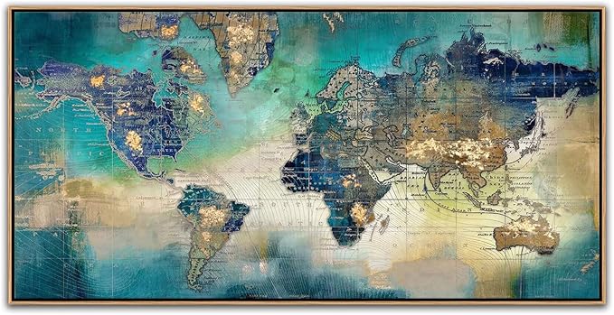 Large World Map Canvas Prints Framed Wall Art for Living Room Office 24x48 Green World Map Picture Artwork Decor for Home Decoration(With Soild Wood Dark Framed)