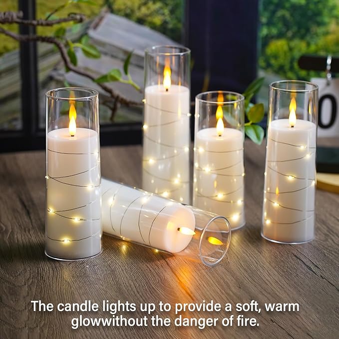 Flameless Candles,with Embedded Star String, Battery Operated Candles Flickering LED Pillar Candles with Remote Control and Timer, Home Decoration Add a Warm and Romantic Atmosphere，Set of 7 (White)