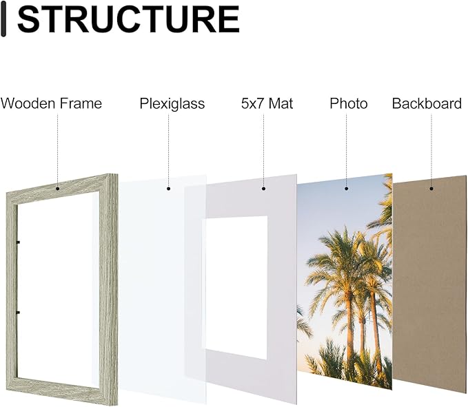 Vittanly 8x10 Picture Frames Set of 9, Shatter Resistant Plexiglass, Display 5x7 Pictures with Mat or 8x10 without Mat, Photo Frames for Wall or Tabletop, Engineered Wood, Driftwood