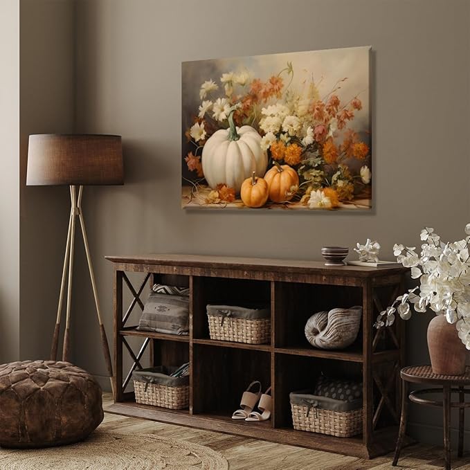 Fall Canvas Wall Art Rustic Pumpkin Posters Fall Pictures Print Dark Cottagecore Thanksgiving Wall Decor for Home Living Room 8x12inch Framed