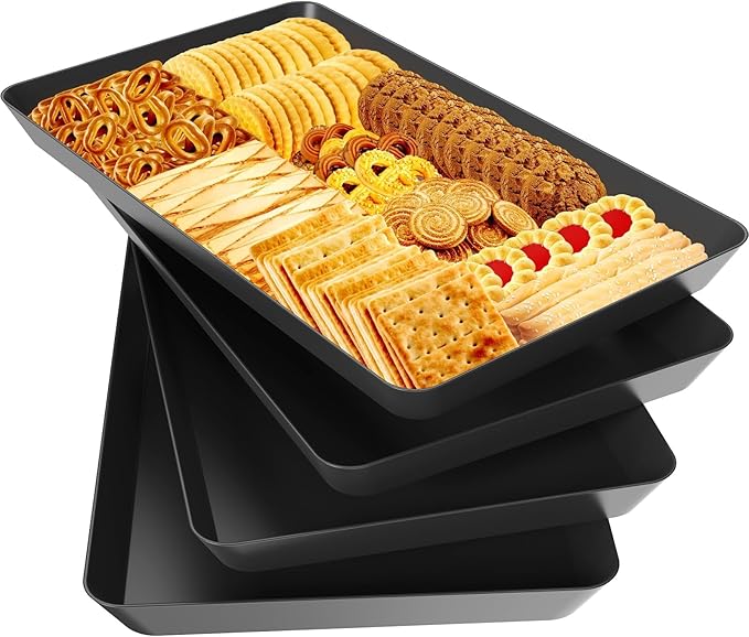 WOWBOX 4 pcs Serving Tray for Entertaining, Serving Platters for Snacks, Fruit, Cookies, Dessert, Reusable Plastic Trays for Serving Food and Pantry Organization in Kitchen & for Parties, (Black)