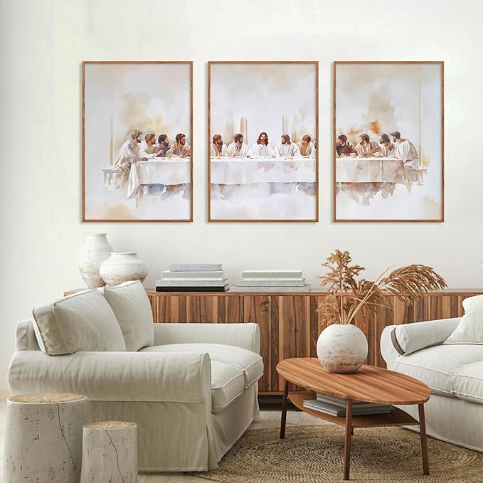 KAIRNE Jesus Last Supper Framed Canvas Wall Art Set, Christian Twelve Apostle Wall Decor, Bible Renaissance wall Painting, Religious Picture Art Print for Living Room, Bedroom, Church, Large 24"x36"x3