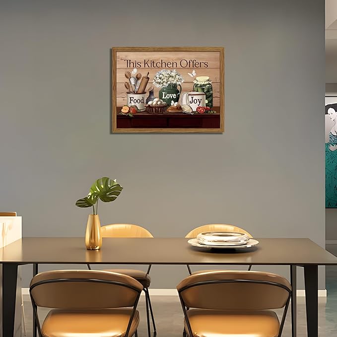 Kitchen Wall Art, Vintage Rustic Farmhouse Food Still Life Wall Decor Paintings, This Kitchen Offers Food Love and Joy Canvas Pictures Posters Prints for Dining Room Home Decor 16x24 Inch Wood Framed