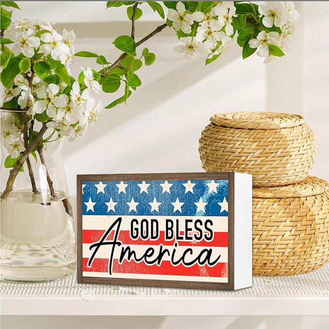 God Bless America Independence Day Wooden Box Sign Desk Decor,Patriotic Labor Day American Flag Wood Block Sign for Farmhouse Home Shelf Tabletop Wall Decor