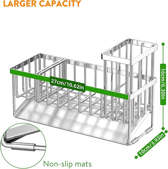 Cisily Extra Large Silver Kitchen Sink Caddy Organzier with High Brush Holder, Sponge Holder for Sink, 304 Rustproof Stainless, Kitchen Countertop Soap Dispenser Organizer For Decor and Accessories