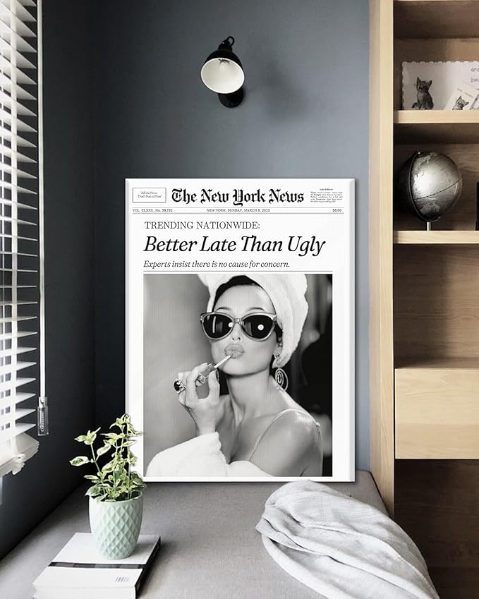 Audrey Hepburn Canvas Wall Art 8x10,Waterproof Better Late Than Ugly Canvas Wall Decor,Newspaper Black and White Wall Art for Living Room,Vintage Gifts Wall Prints for Girly Dorm Room Apartment