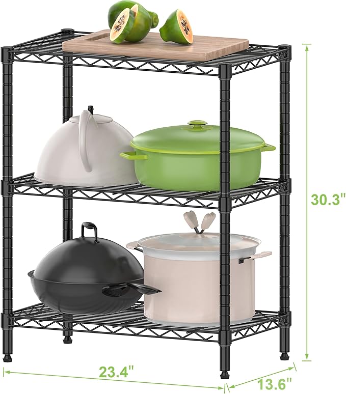 3-Tier Metal Storage Shelves, Steel Wire Rack Units Organizer, Adjustable Utility Shelf, Commercial Metal Shelf for Kitchen Garage Pantry Laundry