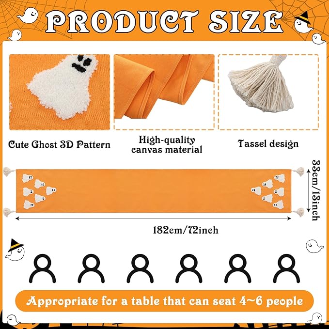 Breling Halloween Ghost Table Runner Jacquard Cute Ghost Halloween Dinner Table Runner Fall Autumn Kitchen Dining Decoration for Kitchen Farmhouse Holiday Party Home Decor 13x72 Inch(Orange)