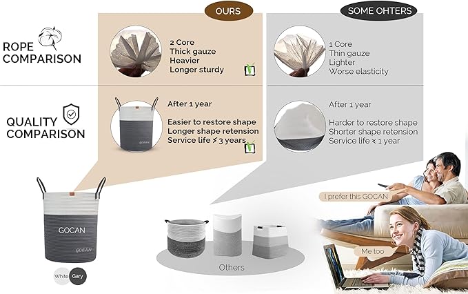 large tall sturdier Laundry Hamper Basket Woven Storage Baskets for clothes Pillows Blanket Toy in living or bed room decoration H50XD38cm grey/beige