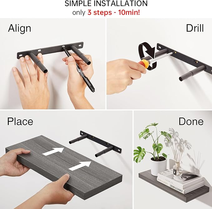 BAYKA Grey Floating Shelves for Wall, Wall Mounted Rustic Wood Shelves for Bathroom, Bedroom, Living Room, Kitchen,Small Hanging Shelf for Books/Storage/Room Decor (Set of 3, 15.7in)