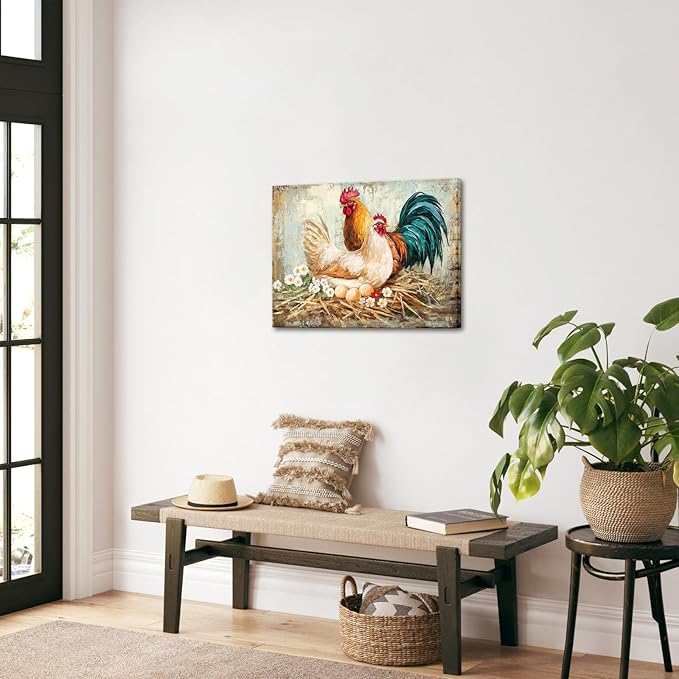 KREATIVE ARTS Farmhouse Chicken Picture Canvas Wall Art for Kitchen Dining Room Rustic Rooster with Fresh Eggs Framed 24x32 Inch Hen and Hatching Chicks Painting Ready to Hang