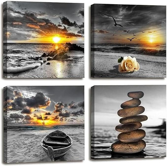 Yxbhhym Black and White Gold Beach Wall Art Ocean Canvas Seascape Prints Posters Zen Wall Decor Sea Sunrise Scenery Wall Pictures Coastal Paintings for bathroom Wall Art Framed -12"x12"inches x 4 pcs