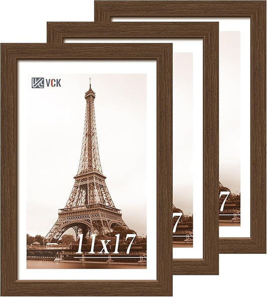 VCK 11x17 Picture Frame 3 Pack, Brown Wood Poster Frame with Exclusive Wood Grain, Wall Mounting Hanging