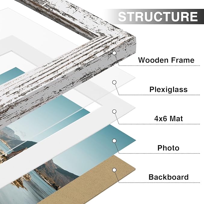 Vittanly 5x7 Picture Frames Set of 9, Shatter Resistant Plexiglass, Display 4x6 Pictures with Mat or 5x7 without Mat, Photo Frames for Wall or Tabletop, Engineered Wood, Distressed White