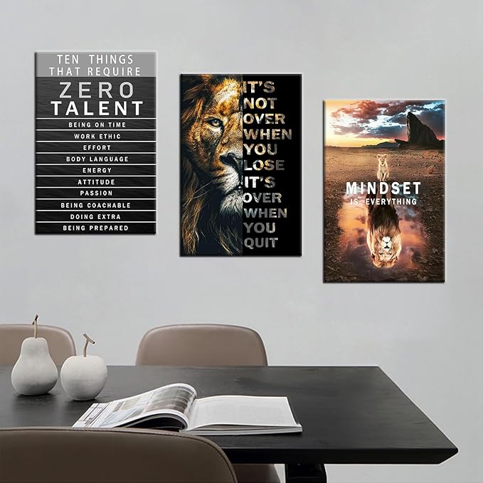 Lion Motivational Wall Decor Inspirational Quotes Wall Art Canvas Zero Talent Poster Print 3 Panel Animal Picture Artwork for Living Room Bedroom Office Home Decor Framed Ready to Hang [48''Wx 24''H]