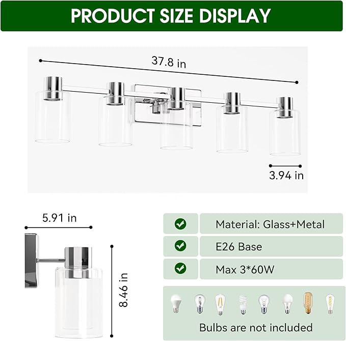 5-Light Modern Vanity Light Fixtures Over Mirror, Chrome Bathroom Light Fixtures, Vanity Lights, Wall Sconce with Clear Glass Shade for Bathroom, E26 Base