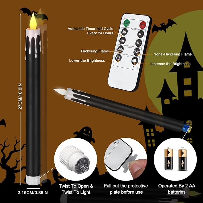 Flameless Taper Candles 10.6" Dripless Battery Operated Taper Candles Included Remote Timer 400+ Hours by 2AA Batteries for Halloween Christmas Wedding (Black+White, 12 Pack)